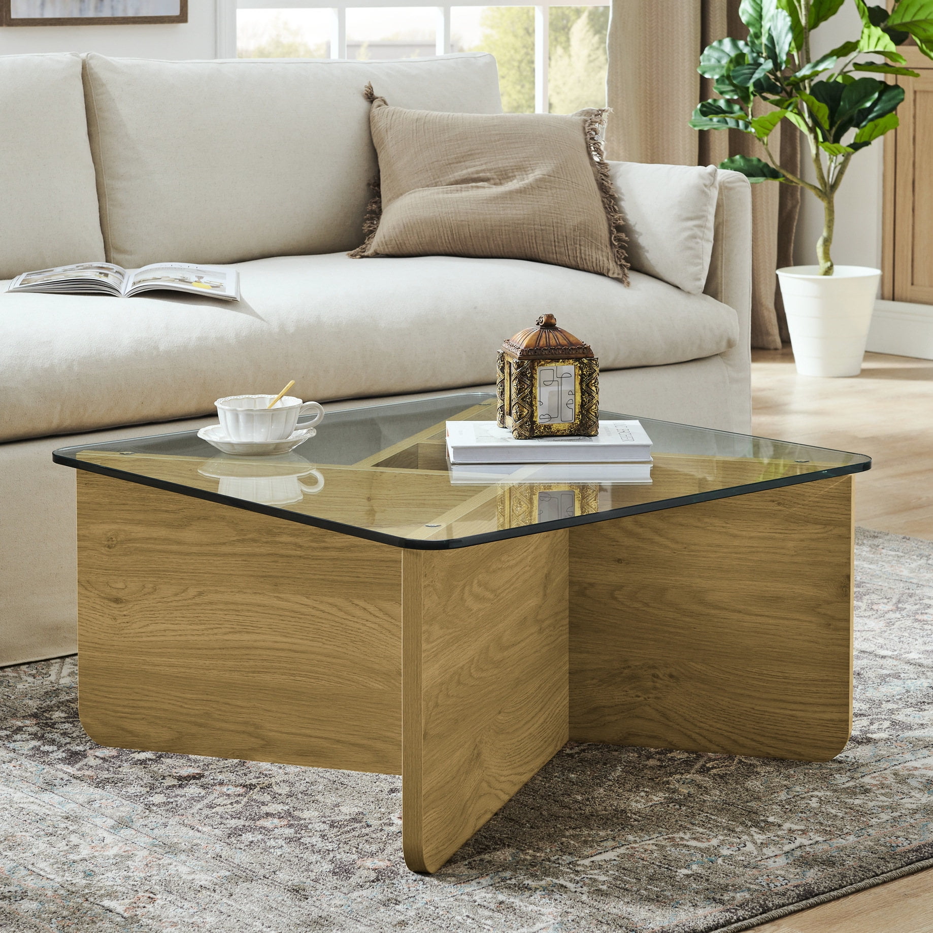Square Glass Coffee Table | Suitable for Sofa Sets and Compact Areas | Scratch - Resistant Tempered Glass | Prevents Bumping for Children and Pets