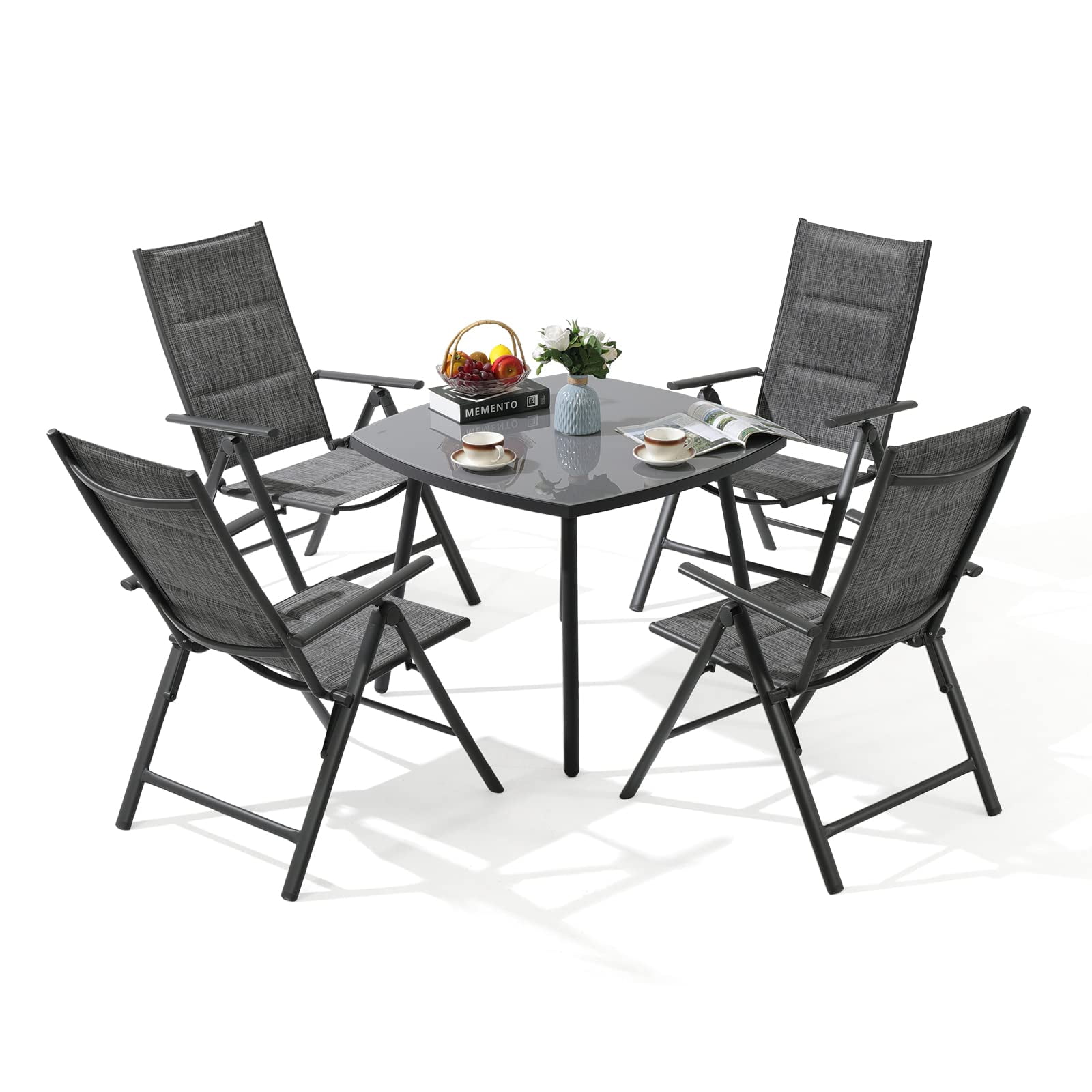 Patio Dining Set, 5 Piece Outdoor Dining Table Set with 4 Adjustable Folding Textilene Chairs