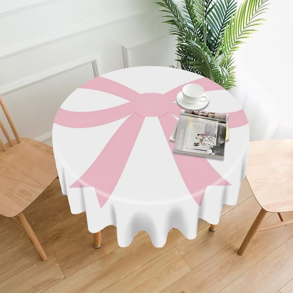 RKSupls 60 Inch Round Tablecloth, Pink Ribbon Bow Premium Polyester Straight Edge Wrinkle Resistant Washable Table Cover for Party Home Dining Decor
