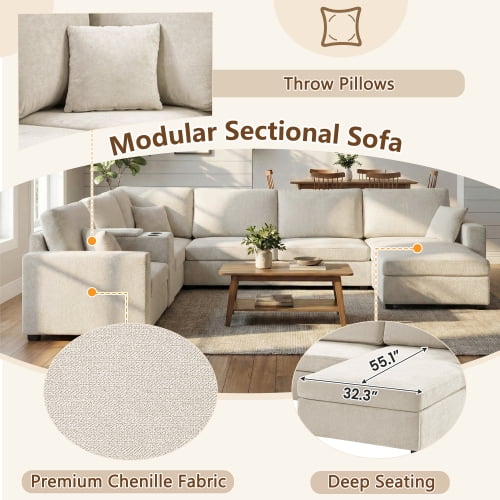 134" U-Shape Modular Sectional Sofa, 5-Seat Couch with Chaise Lounge, Deep Seat, Built-In Cup Holders, Storage Drawer and Pillows, Beige