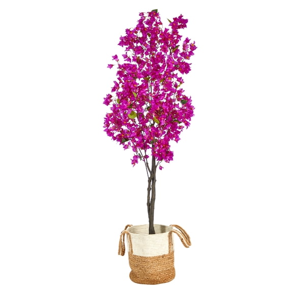 Nearly Natural 6ft. Artificial Bougainvillea Tree with Handmade Jute & Cotton Basket, Purple