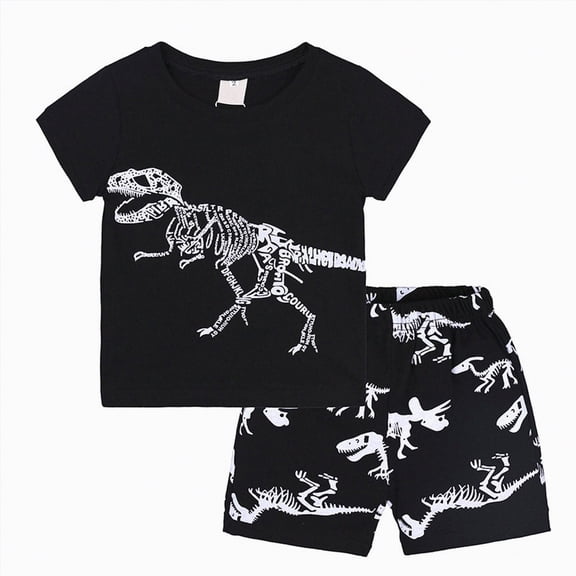 TOWED22 Infant Baby Boy Clothes Summer 2pcs Round Neck Short Sleeve Tee Pocket Rolled Shorts Truck Dino Outfits(Black,1-2Y)