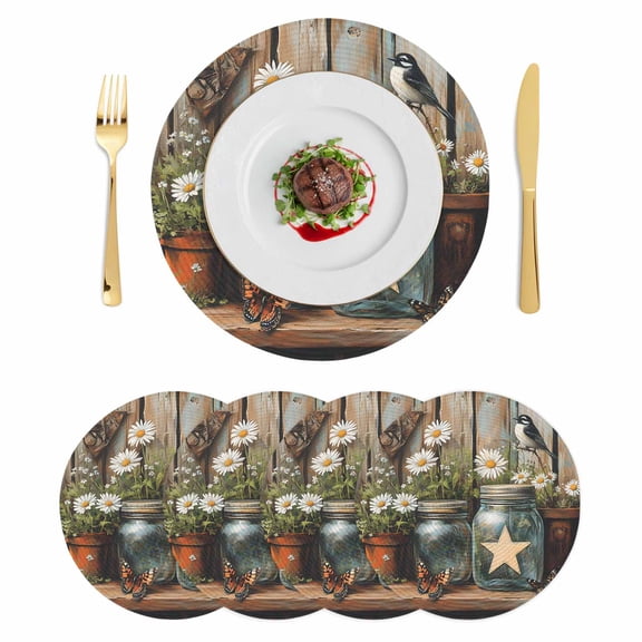Country Floral Round 15 Inch Placemats Set of 4, Western Texas Stars Butterfly Barn Door HeatResistant Non Slip Place Mats for Dining Table, Wipeable Braided Kitchen Table Mats for Housewarming
