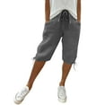 thumbnail image 2 of HKYNLAG Bermuda Shorts for Women Knee Length Cotton Linen Elastic Waist Drawstring Shorts Summer Capris Pants with Pockets Dark Gray XL, 2 of 7
