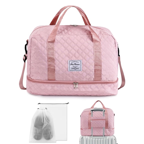 Gustave Quilted Travel Duffle Bag for Women Large Capacity Overnight Weekender Gym Hospital Bag Water Resistant Carry On Totes with Shoe Compartment & Wet Pocket, Pink