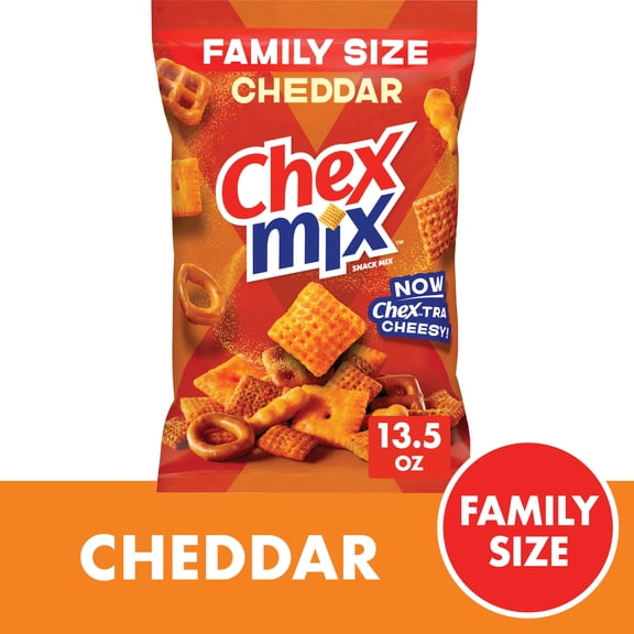 Chex Mix Cheddar Snack Mix, Savory Snack Bag, Family Size, 13.5 oz