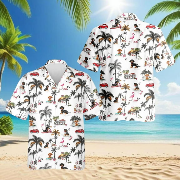 Dachshund Hawaiian Shirt for Men, Tropical Style, Button Down Summer Beach Short Sleeve, S-5XL