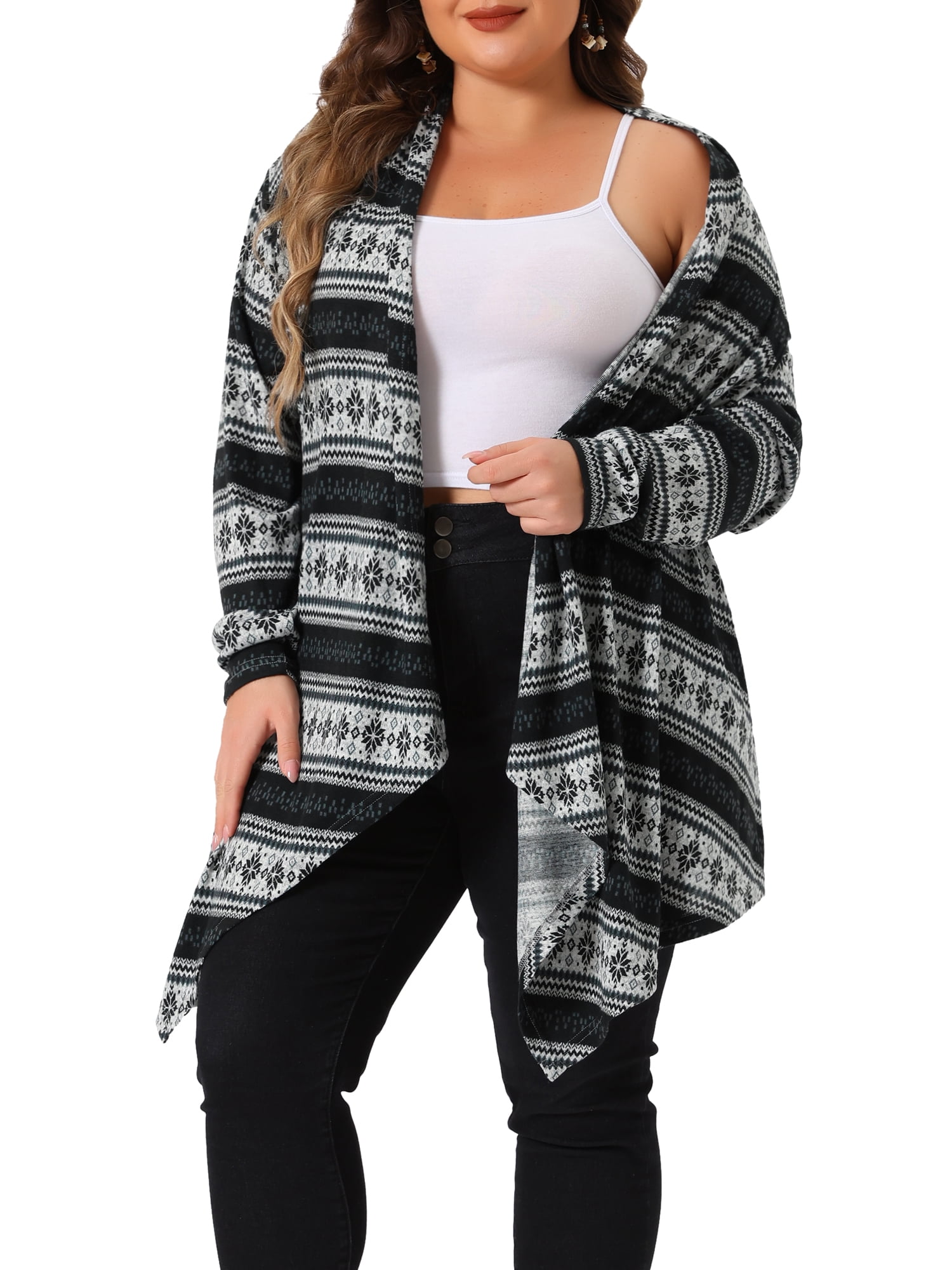 DARING DIVA Plus Size Front Open Lightweight Striped Long Sweaters 2X Black