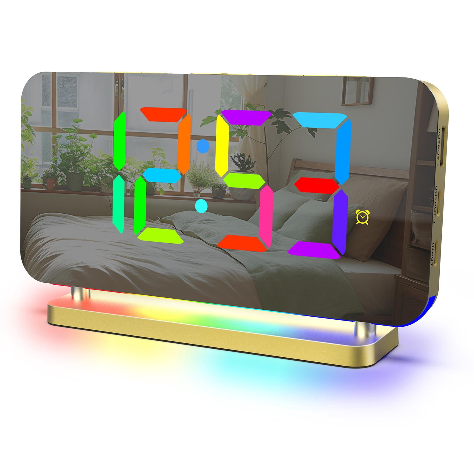 deevoka LED Digital Alarm Clock Bedroom Electronic Desk Clock RGB Color Modes Mirror Display for Home Living Room Tabletop Decoration Gold