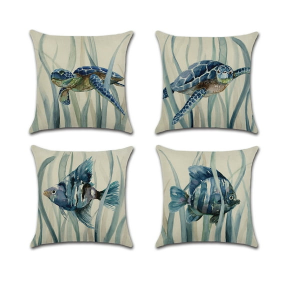 Sea Turtles and Fish Design Cotton Linen Fabric Marine Life Decorative Indoor Outdoor Throw Pillow Cover Set 18x18