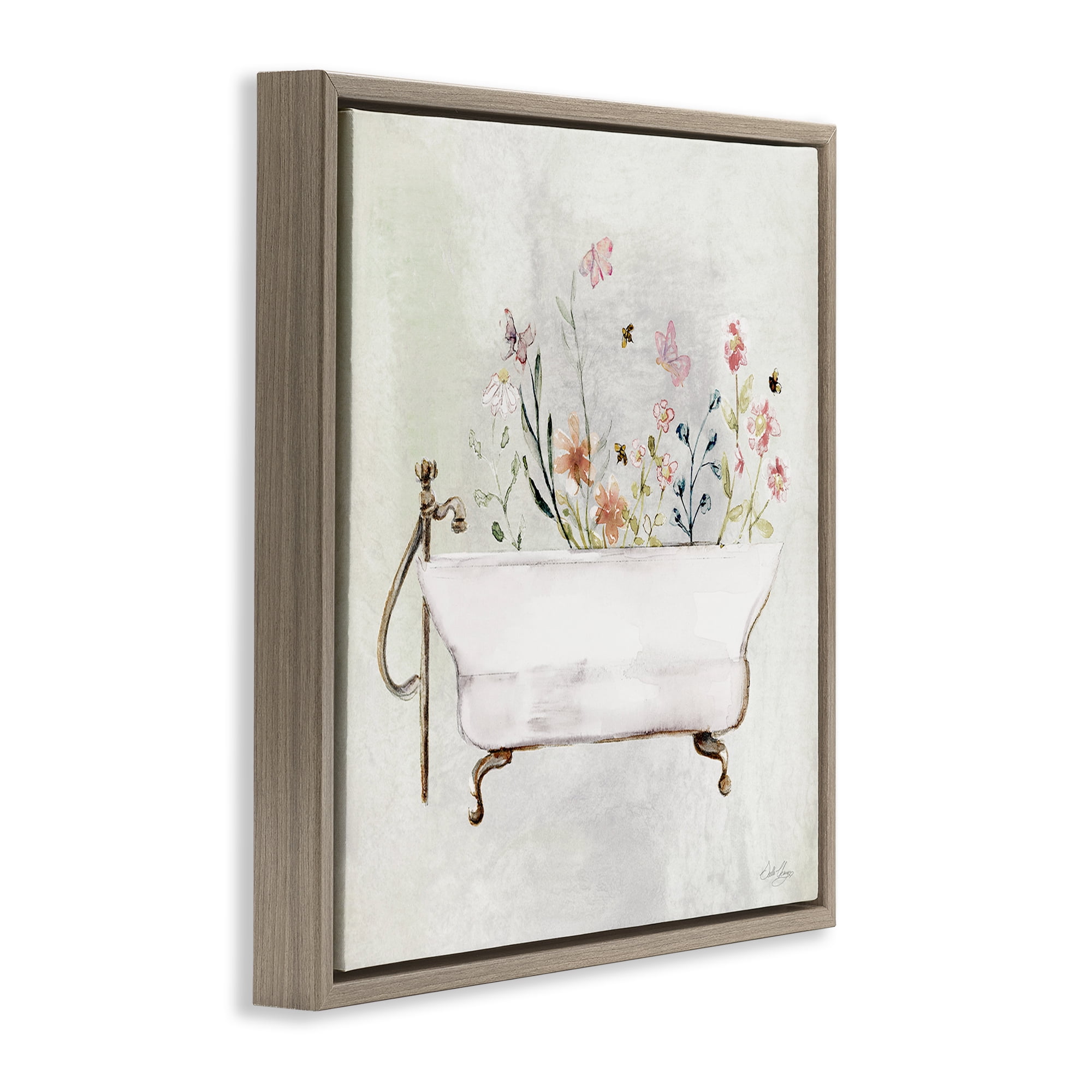 Stupell Industries Butterfly Floral Tub Typography Painting Brown Floater Framed Canvas Art Print Wall Art, 18 x 18