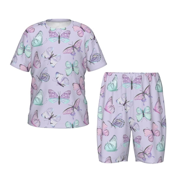 Balery Purple Butterfly Conjunto de Pijama Infantil de Manga Corta con Estampado – Ropa de Dormir de Algodón Suave-XX-Large