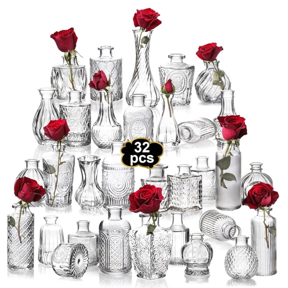 Clear Bud Vases Bulk 32,Small Flower Vases for Wedding,Glass Vintage Vase Set for Centerpieces,Recepetion,Home