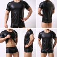 thumbnail image 4 of Men Wet Look Faux Leather Round Neck Short Sleeve Top T-Shirt Tights Shirts Club, 4 of 6