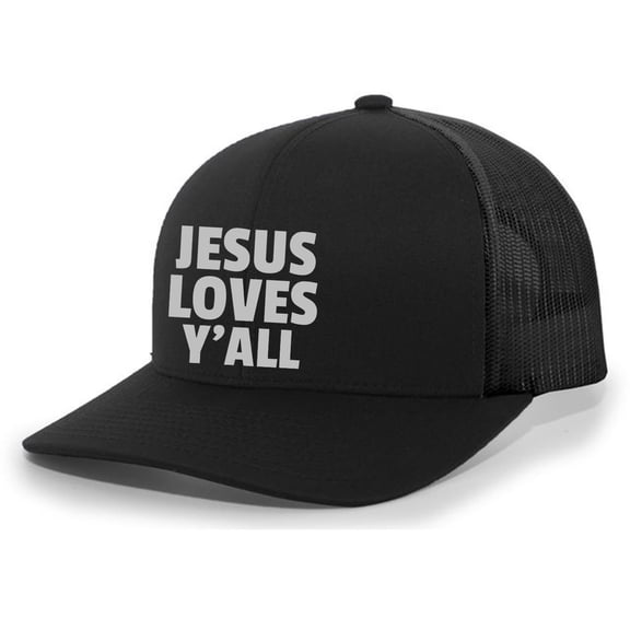 Jesus Loves Y'all Christian Mens Hat Embroidered Mesh Back Trucker Baseball Cap, Black/Black