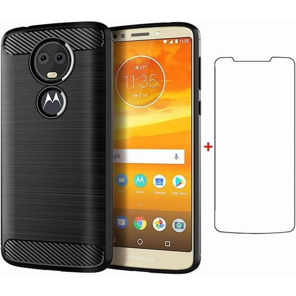 REQO Phone Case for Moto E5 Plus E 5 Supra with Screen Protector Cover and Slim Soft TPU Cell Accessories Protective Motorola E5  MotoE5plus 5E 5th Generation E5plus Women Men Carbon Fiber Black