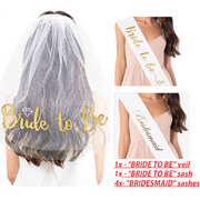 BRIDE TO BE and BRIDESMAID Bridal Shower party favor SET Bachelorette Party Sashes and veil set - WHITE with GOLD PRINT