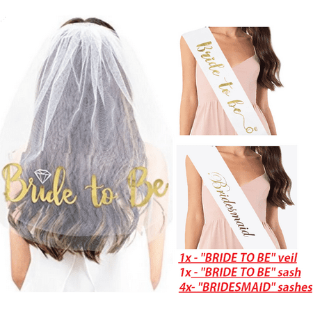 BRIDE TO BE and BRIDESMAID Bridal Shower party favor SET Bachelorette Party Sashes and veil set - WHITE with GOLD PRINT