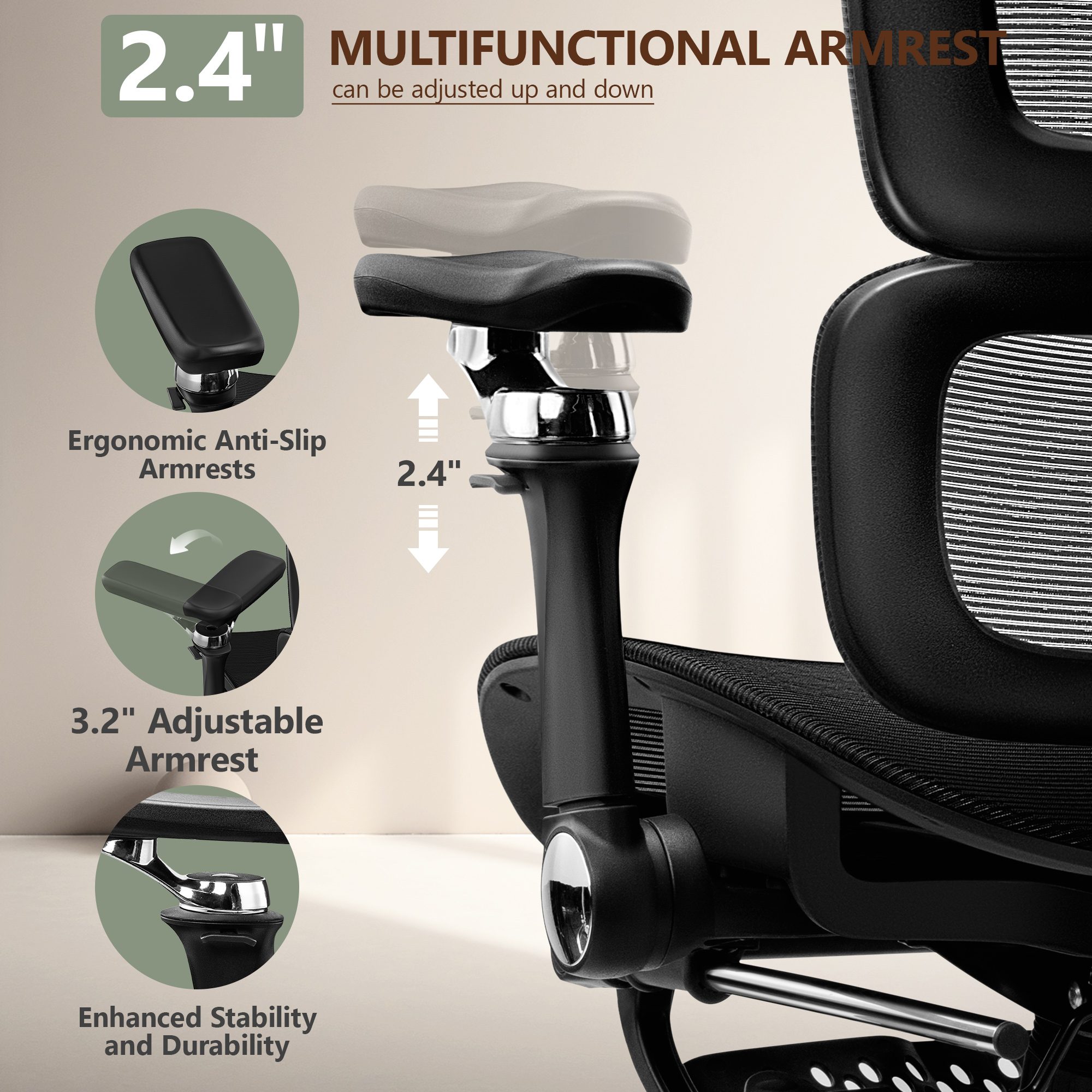 COOLHUT Ergonomic Mesh Office Chair with Footrest, Big and Tall Computer Desk Chair with Adjustable 6D Armrest, Lumbar Support and Headrest High Back Home Office Chair for Workspace, Gaming, Black