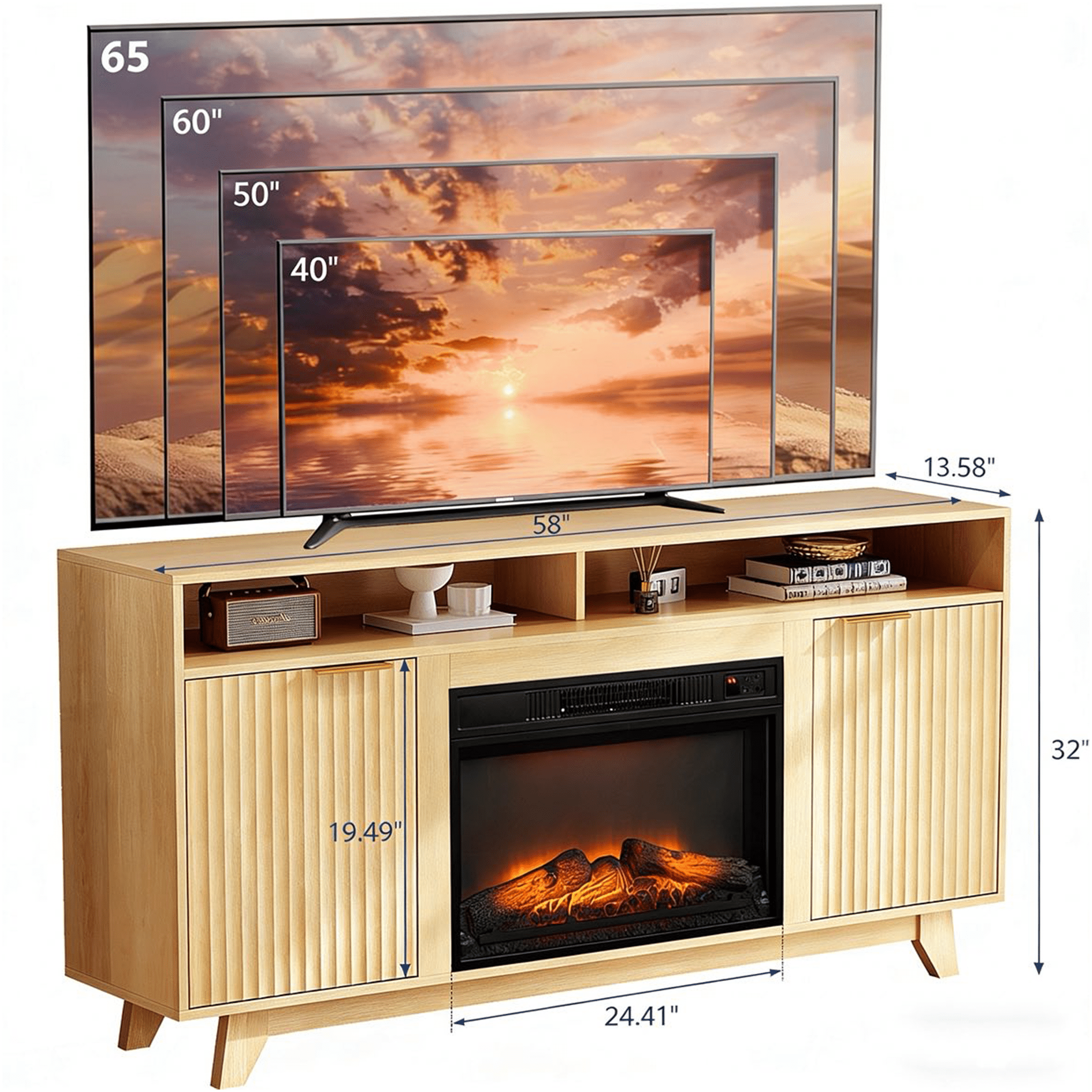 SESSLIFE Fireplace TV Stand with LED Light for 65 Inch TV, TV Console with 18''Electric Fireplace, Console Entertainment Center Television Table for Living Room or Bedroom, Natural