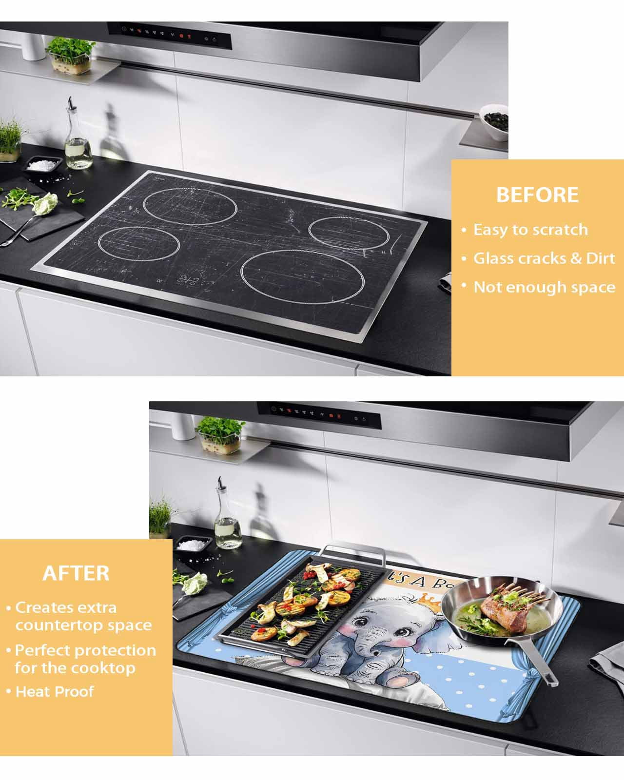 nqOlkjepod Large Induction Cooktop Protector Mat 24"x21", Blue Elephant Stove Top Covers for Electric Stove, Watercolor Cute Cartoon Animals Decorative Stove Burner Cover Mats, Glass Top Stove Cover