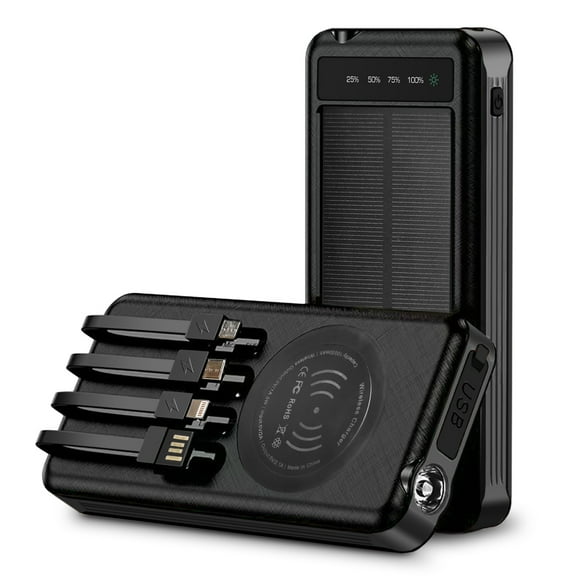 Outdoor Solar Portable Power Bank with Wireless Charging, Built-in 4 Cables, 10000mAh Battery, IP65 Waterproof, Dustproof, Digital Display power, LED Flashlight, High Conversion efficiency