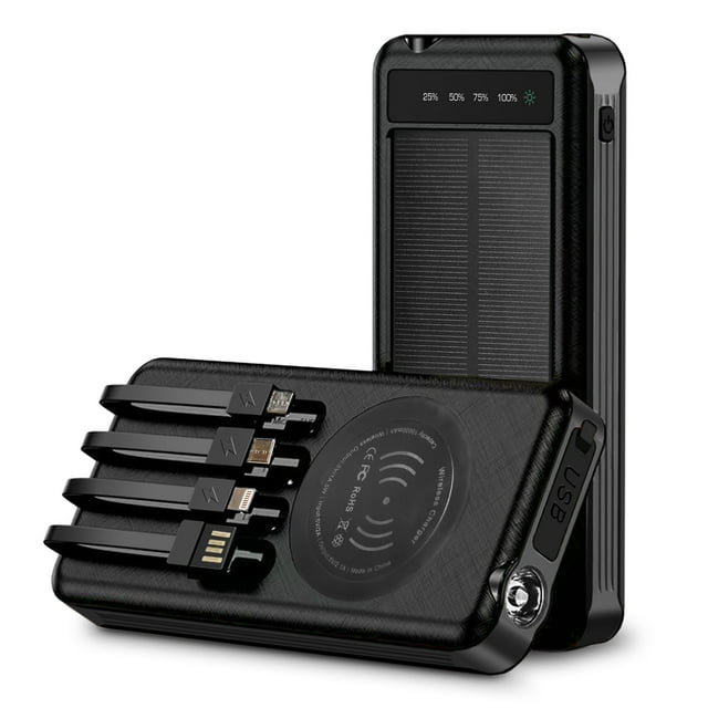 Outdoor Solar Portable Power Bank with Wireless Charging, Built-in 4 Cables, 10000mAh Battery, IP65 Waterproof, Dustproof, Digital Display power, LED Flashlight, High Conversion efficiency