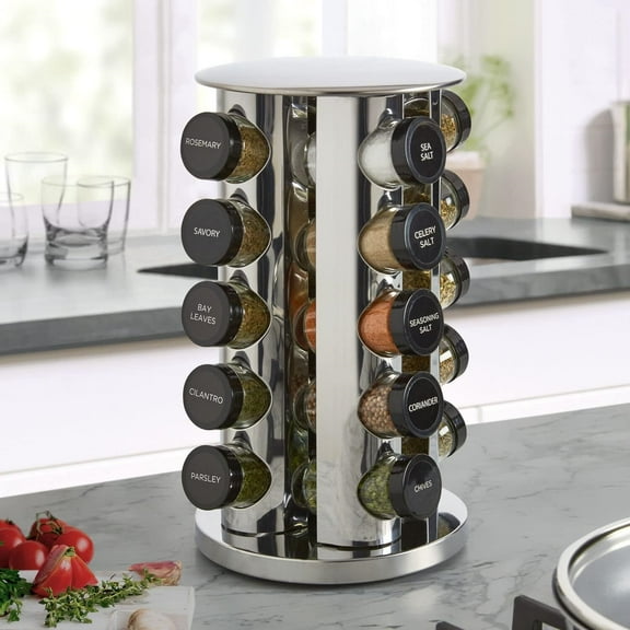 20 Jar Revolving Countertop Spice Rack with Spices Included, FREE Spice Refills for 5 Years, Polished Stainless Steel with Black Caps