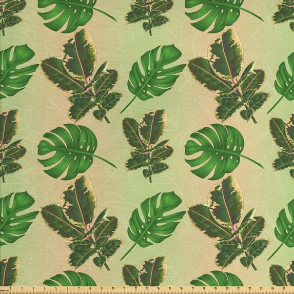 Philodendron Fabric by the Yard Upholstery, Vintage Inspired Pattern with Exotic Leaves on Tones, Decorative Fabric for DIY and Home Accents, Fern Green Multicolor by Ambesonne