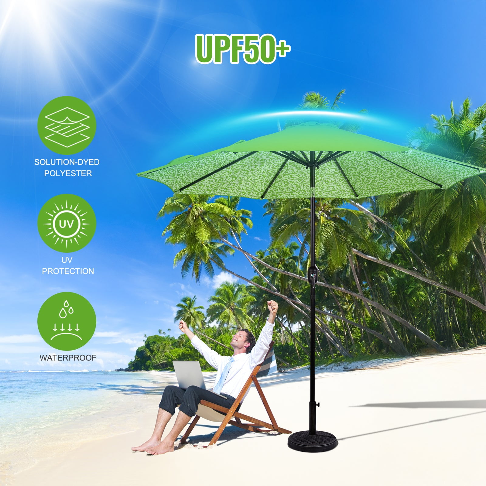 Backyard Expressions 9ft Solar Patio Umbrella with 32 LED Lights – Outdoor Market Umbrella with Tilt & Crank, Solar-Powered Lighting, Water-Resistant Fabric for Patio, Deck, Garden, Pool