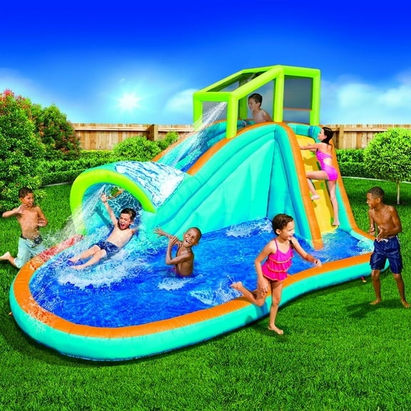 Banzi Inflatable Water Slide - Huge Kids Pool (14 Feet Long by 8 Feet High) with Built in Sprinkler Wave and Water Wall-  Heavy Duty Outdoor Fun