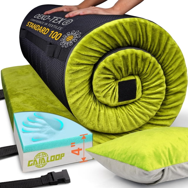 GAIALOOP Colchón de Camping de Espuma viscoelástica Gruesa de 4 Pulgadas, Colchoneta Enrollable para Dormir en el Piso, colchón para Cuna de Campamento, sofá Cama de Viaje para Acampar para huéspedes