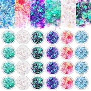 Mermaid Nail Sequins Holographic Glitters Chunky Iridescent Flakes Colorful Fluorescent Glass Paper Iridescent Flakes Sticker for Face Eyes Body Hair Nail Art Decoration (18 Boxes)