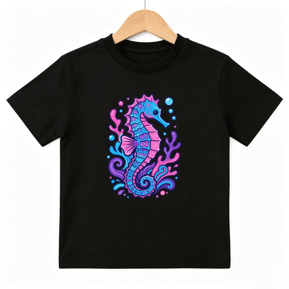 Cute Colorful Seahorse Girls Graphic Tee, Summer Ocean Beach 100% Cotton Kids Short Sleeve T-Shirt