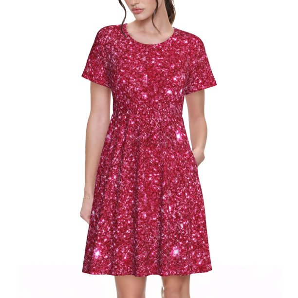 Disketp Red Glitter para Vestido de Manga Corta para Mujeres, Vestidos de Verano para Mujeres, Casual y Holgado para la Playa