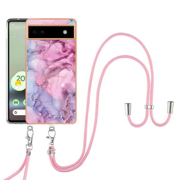Case for Google Pixel 6a, Adjustable Detachable Crossbody Strap Neck Strap Silicone Bumper Marble Painted TPU Ultra Thin Shockproof Protective Phone Case Cover for Google Pixel 6a, Pink