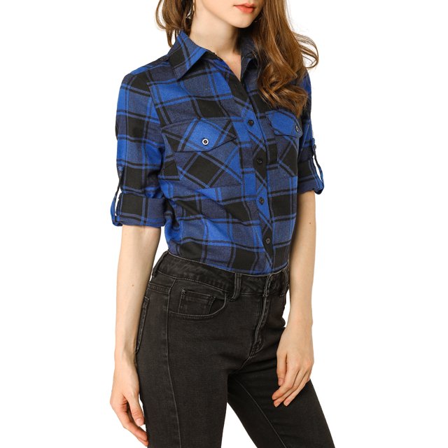 INSPIRE CHIC Chemise à Carreaux pour Femmes Manches Retroussables Poches à Rabat Brossée