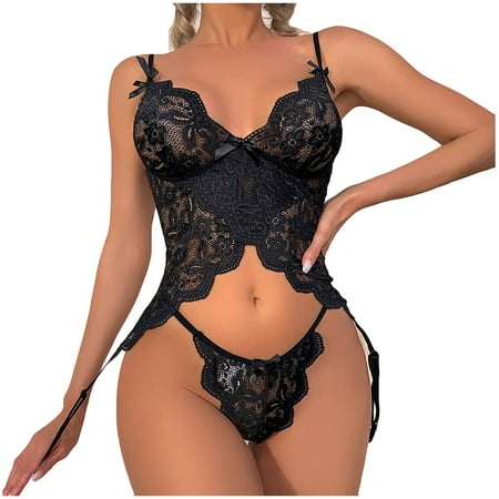 

DNDKILG Bralette Bra and Panty Sets for Women Sexy Teddy Lingerie Set Babydoll Lace Lingerie with Garter Black 2XL