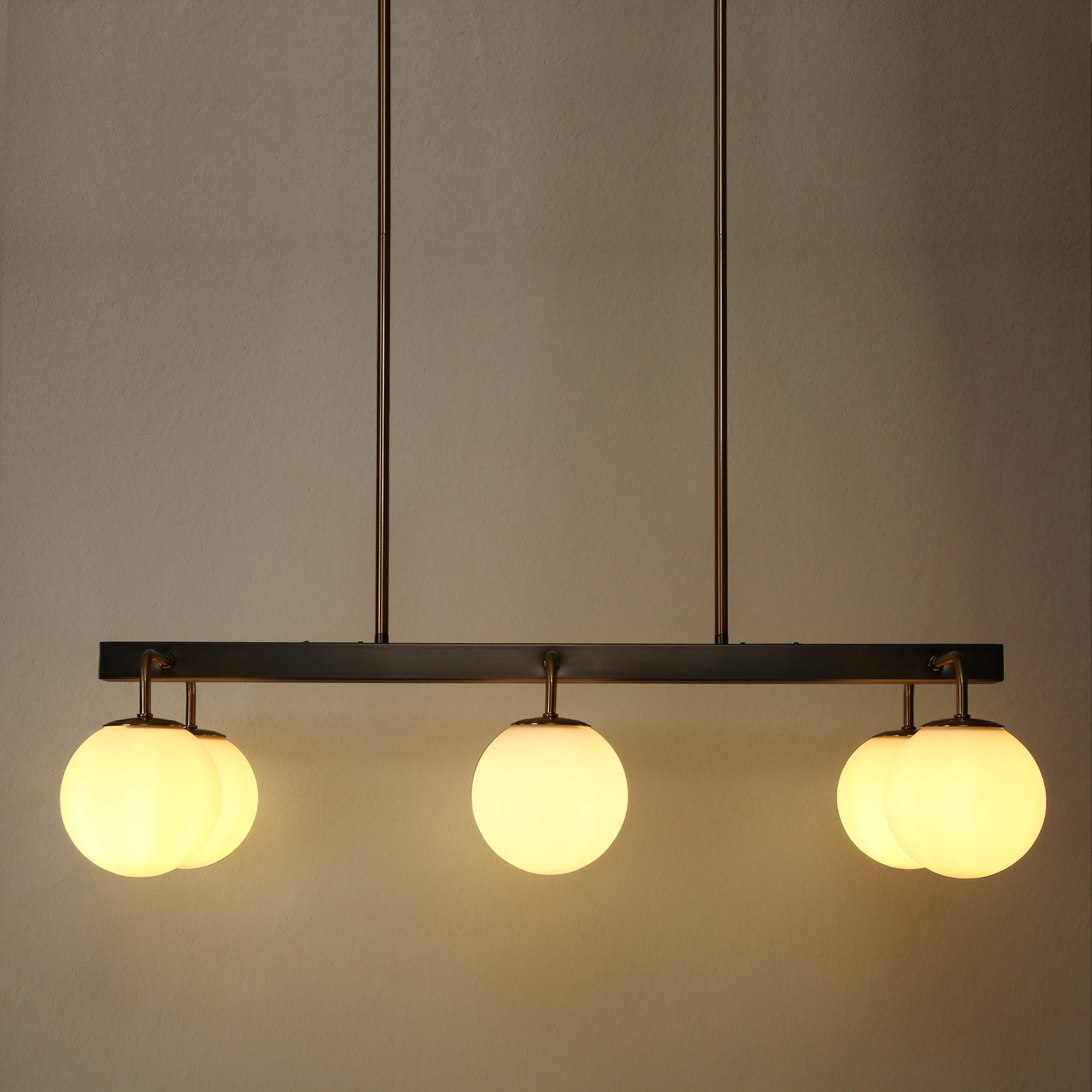 LNC Aladarimostinin 6 -Light Polished Brass and Brushed Black Modern/contemporary Opal glass Linear Large Hanging Kitchen Island Light