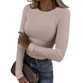 thumbnail image 3 of Womens Long Sleeve Stretch Crewneck Ribbed T-Shirt Slim Fit Casual Basic Tops Champagne M, 3 of 6