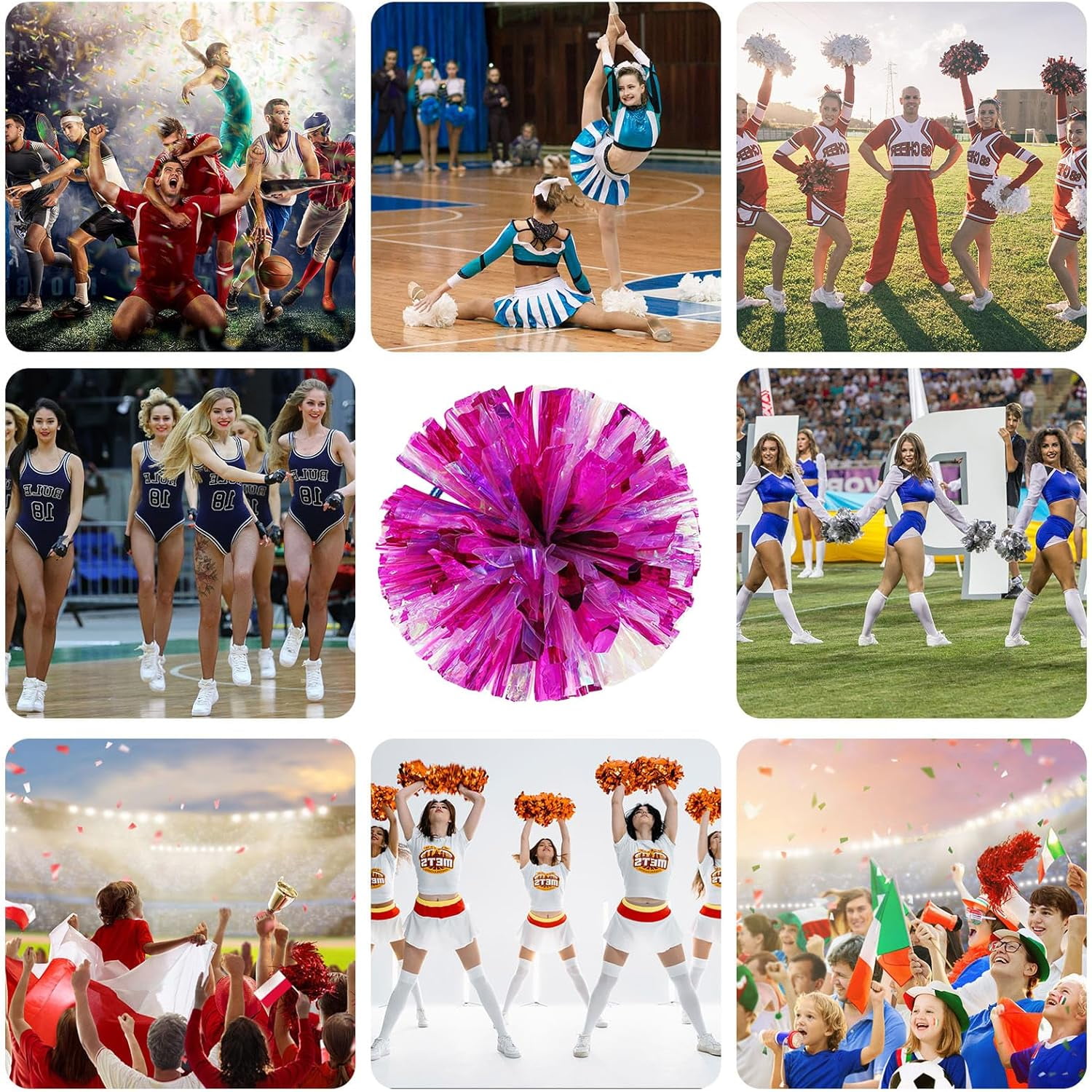 Cheerleader Pom Poms 20 Pack Sports Dance Cheering Plastic Metallic Cheerleading Pom Poms for Kids Adults-Ring Style