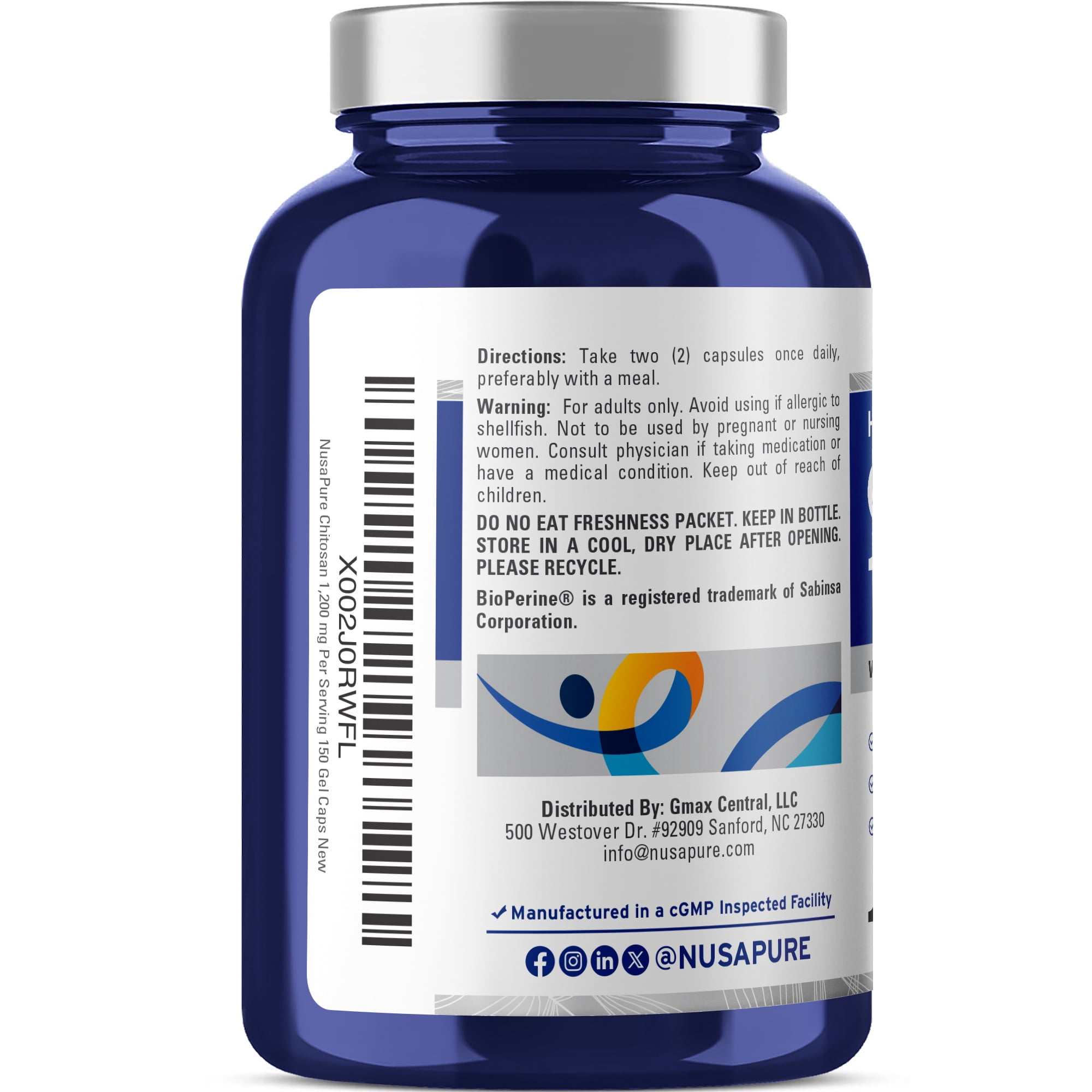 NusaPure Chitosan 1200mg, 150 Capsules - Non-GMO, Soy Free, Dietary Supplement for Unisex Adult Health & Wellness
