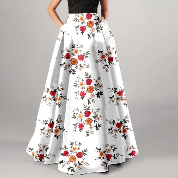 Women Bohemian Floral Print Maxi Skirt High Waist Pocket Party Beach Long Skirt Dresses for Mom Casual Sleeveless Maxi Dress Summer V Neck Dresses for Women Women Dress Summer plus Size Dress Dresses
