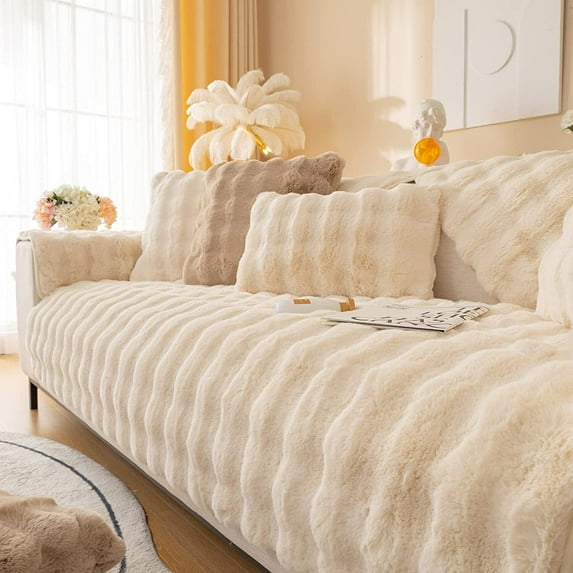 Thick Rabbit Plush Sofa Cushion, 2023 New Non-Slip Sofa Cover, Soft Faux Throw Couch Cushion Covers Furniture Protector Mat ( Milky White, 70*210cm )