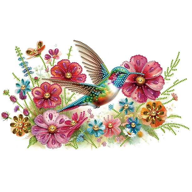 (KH102) Serie Marinos Con Flores Colibrí Y Diamantes Parciales Pintura Resina Con Forma Especial Diamantes 40x30cm