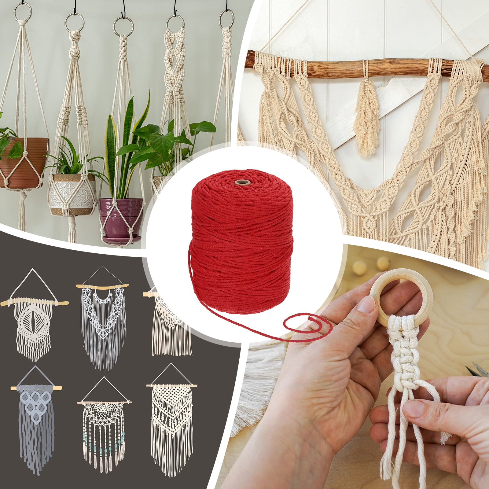 Uxcell Natural Macrame Cord 3mm x 328 Yards 4 Strand Twisted Cotton Macrame Rope for DIY Knitting Plant Wall Hanger Dreamcatcher, Bright Red