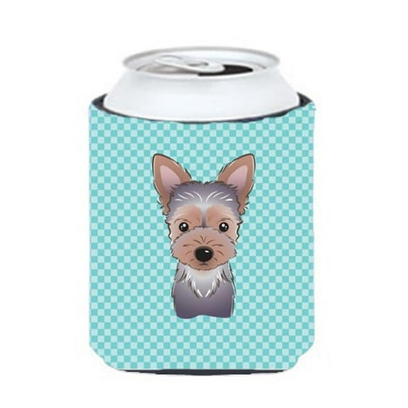 Checkerboard Blue Yorkie Puppy Can Or Bottle Hugger, 12 Oz.