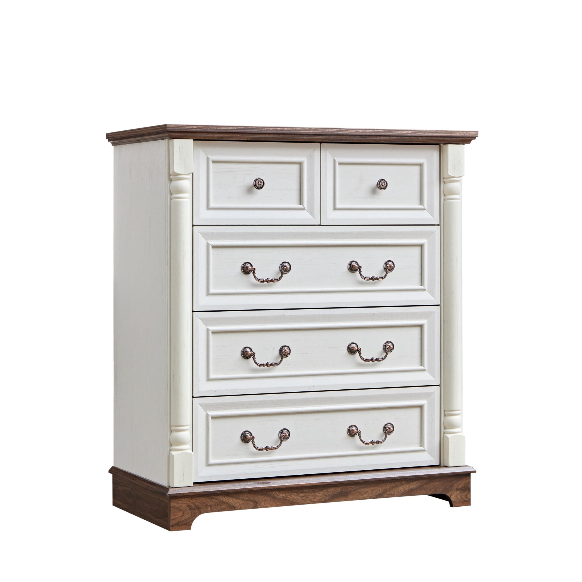 DEALTOPS 5-Drawer Farmhouse Dresser, Vertical Storage Chest with Solid Wood Columns, Shabby Chic Cabinet, White
