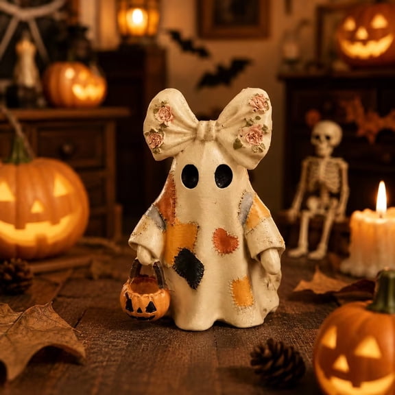 Diceymbol Patchwork Ghost Figurine with Floral Bow and Pumpkin Bucket for Halloween Tabletop Porch Decor 4 Inch