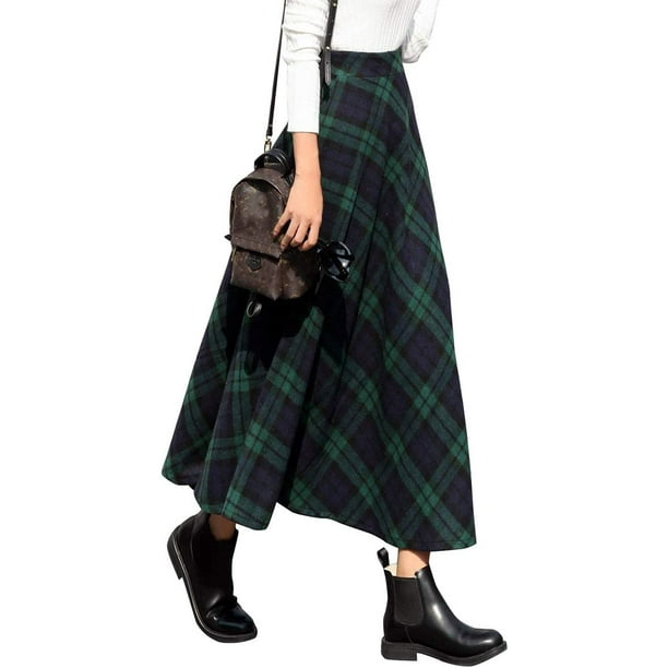 Faldas largas de lana a cuadros para mujer, faldas largas plisadas de invierno Verde (Green 01) XS Verde (Green 01) XS Xishao ropa